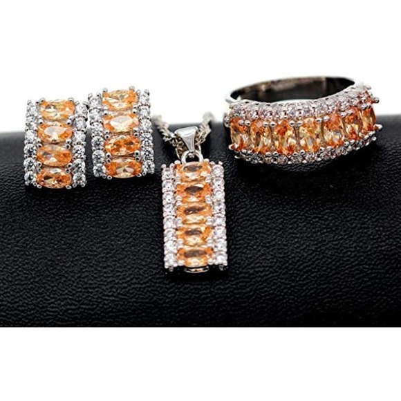 Platinum Plated Necklace Earring Ring CZ Cubic Rhinestone Necklace Ring Earrings - Picture 1 of 7